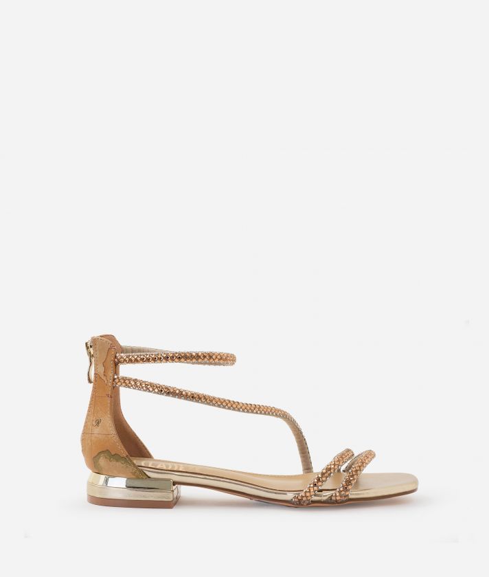 Napa-effect low-heel sandals with Geo Classic print Natural
