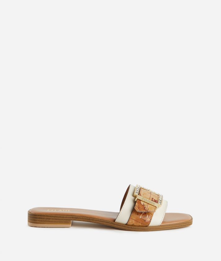 Smooth leather slip-on sandals with jeweled buckle Shell White