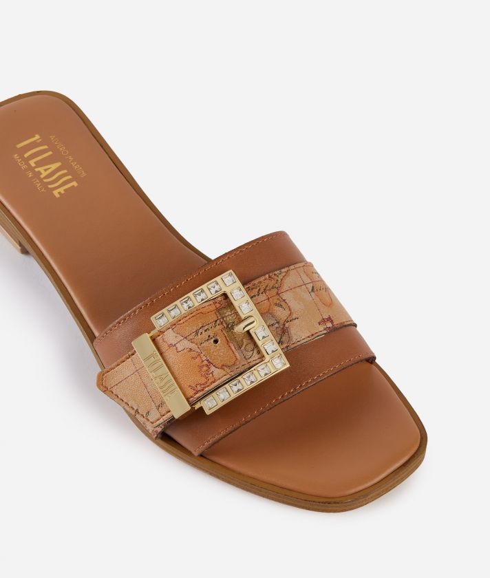 Smooth leather slip-on sandals with jeweled buckle Leather Brown