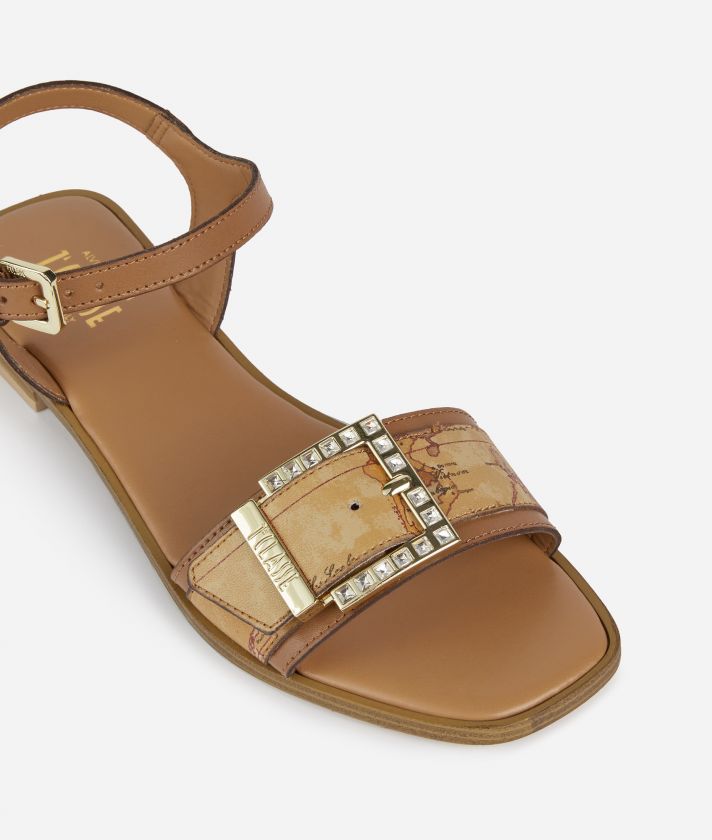 Smooth leather sandals with jeweled buckle Leather Brown