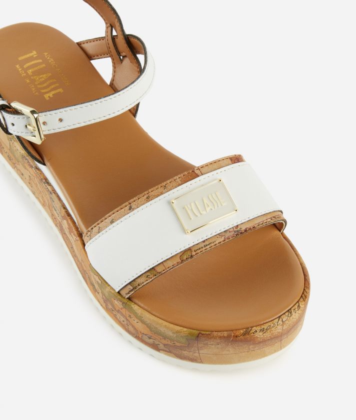 Smooth leather wedge sandals with enameled tag White