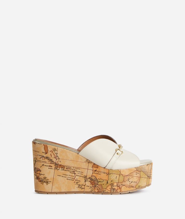 Smooth leather wedge mules with Geo Classic print Shell White