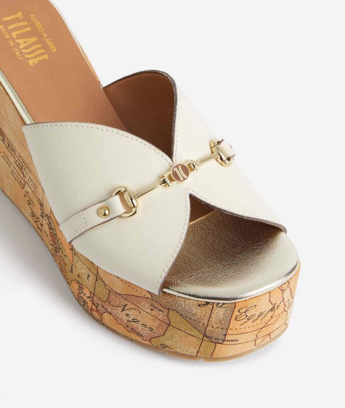Smooth leather wedge mules with Geo Classic print Shell White