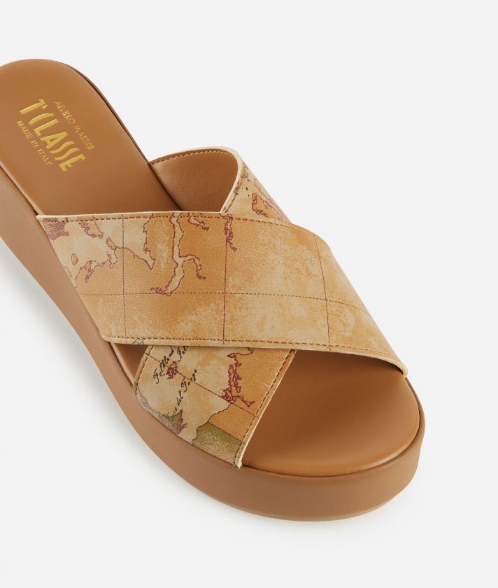 Napa-effect wedge mules with Geo Classic print Natural