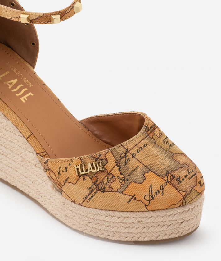 Canvas wedge sandals with Geo Classic print Natural