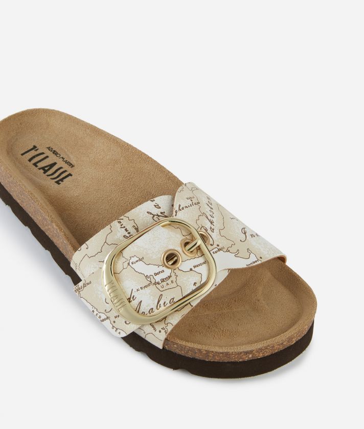 Napa-effect strap sandals with Geo Beige print White