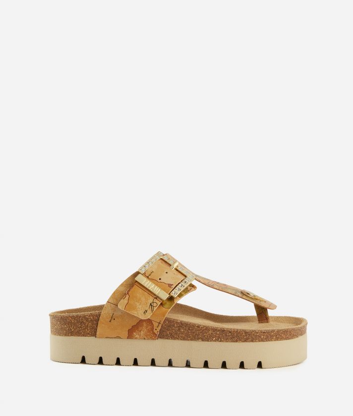 Napa-effect thong sandals in Geo Classic with jeweled buckle Natural