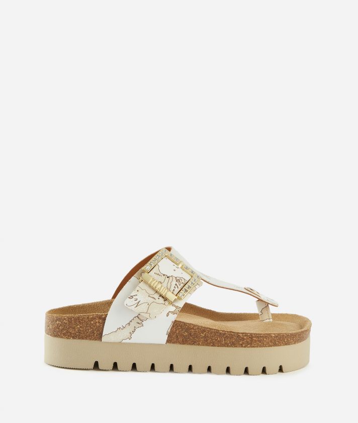 Napa-effect thong sandals in Geo Beige with jeweled buckle White