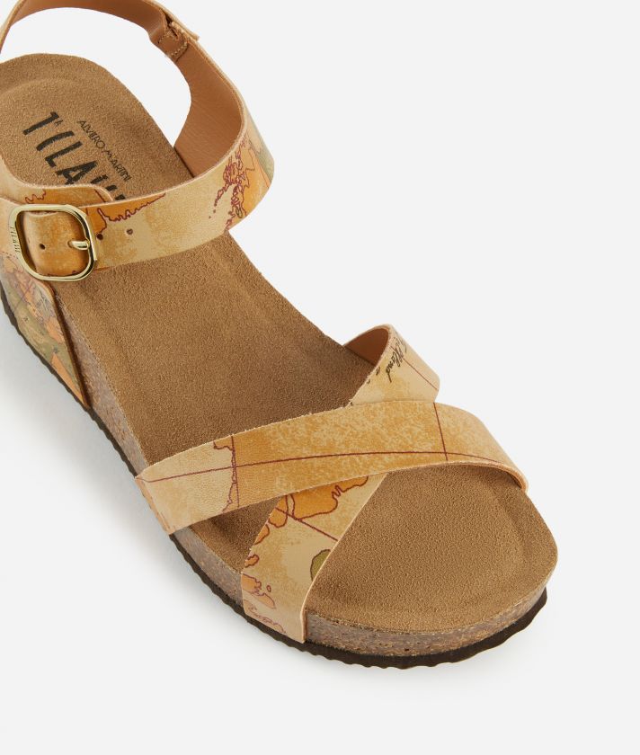 Napa-effect wedge sandals with Geo Classic print Natural