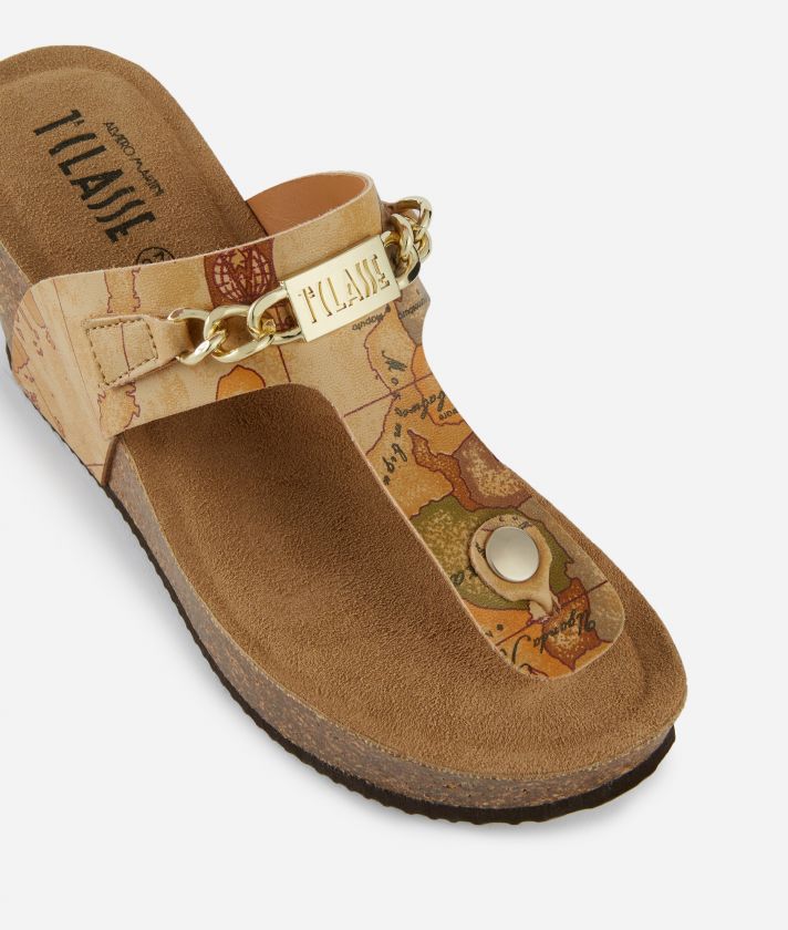 Napa-effect wedge thong sandals in Geo Classic with chain horsebit Natural