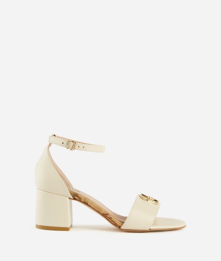 Smooth leather mid-heel sandals with 1C detail Shell White