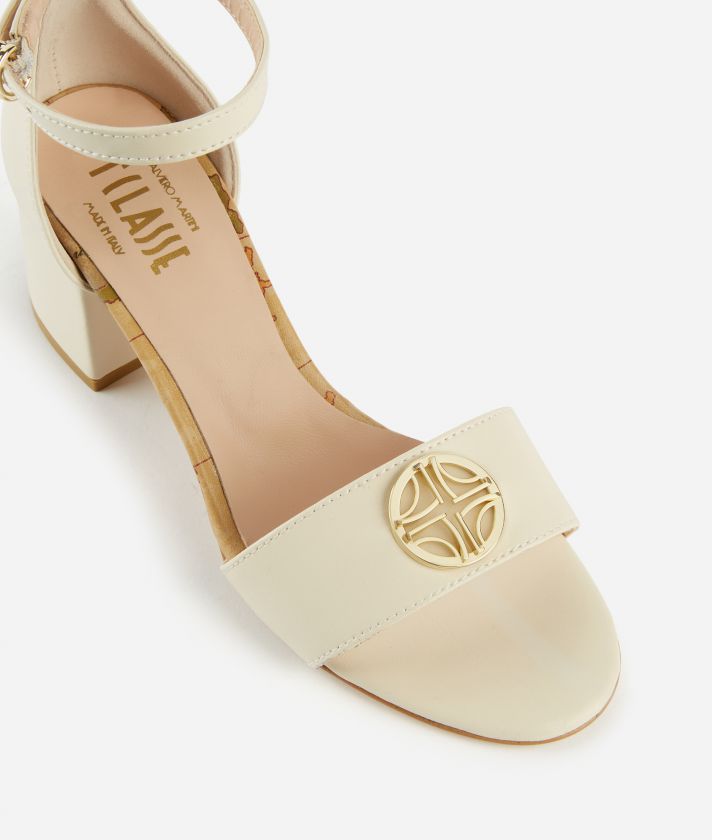 Smooth leather mid-heel sandals with 1C detail Shell White