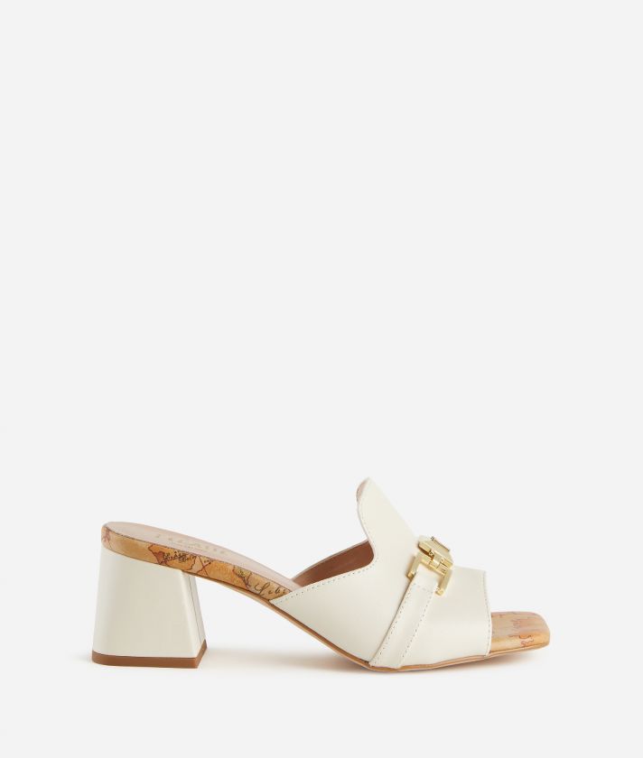Smooth leather mid-heel mules Shell White