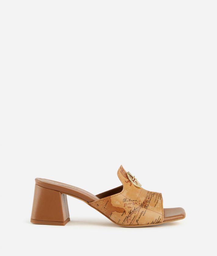 Napa-effect mid-heel mules with Geo Classic print Natural