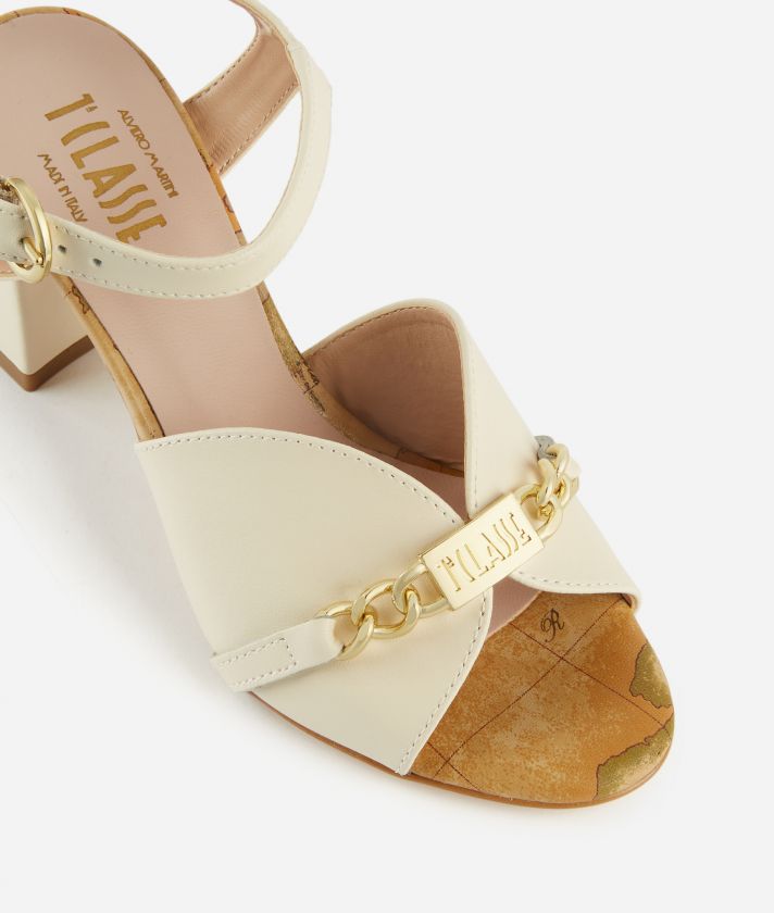 Smooth leather mid-heel sandals with chain horsebit Shell White