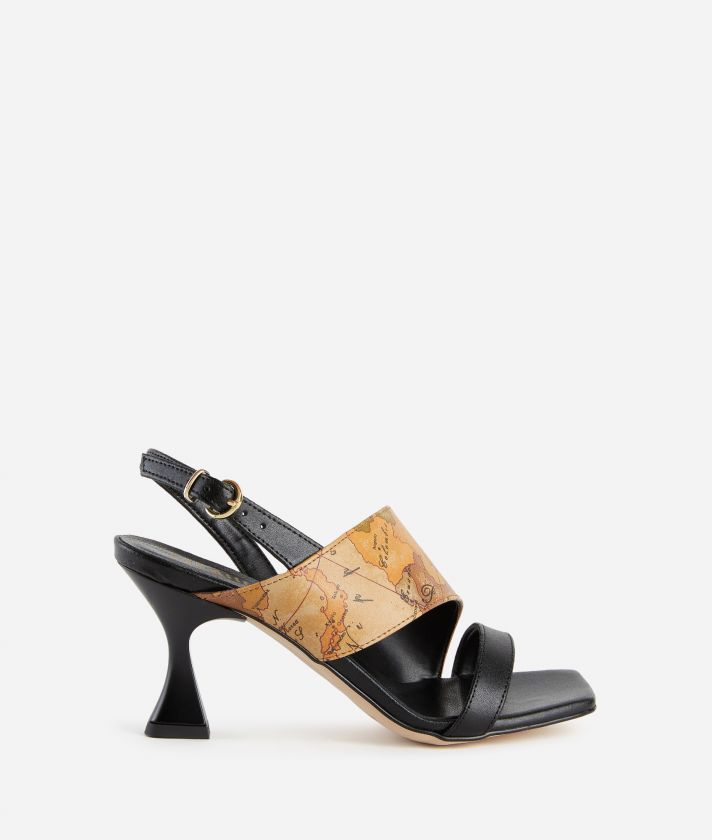 Smooth leather mid-heel sandals with Geo Classic detail Black