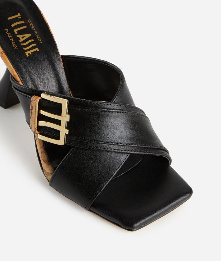 Smooth leather high-heel mules with square 1C detail Black