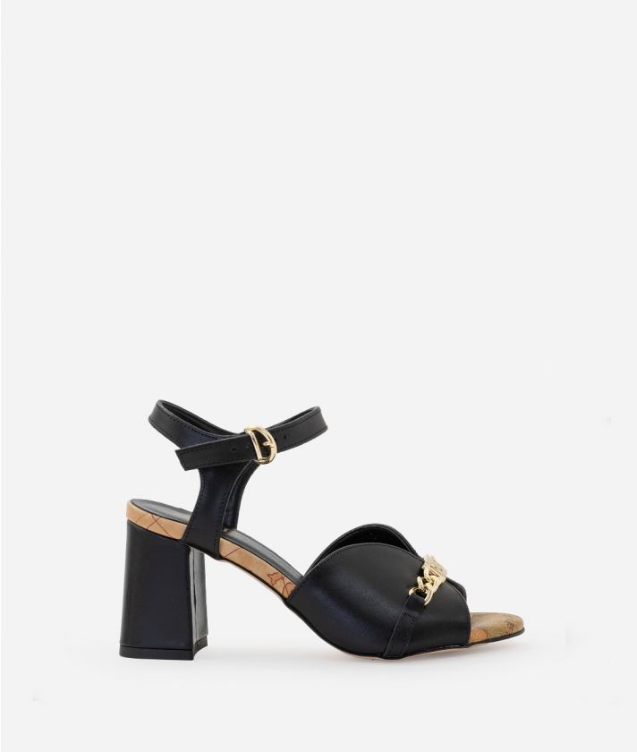 Smooth leather mid-heel sandals with chain horsebit Black