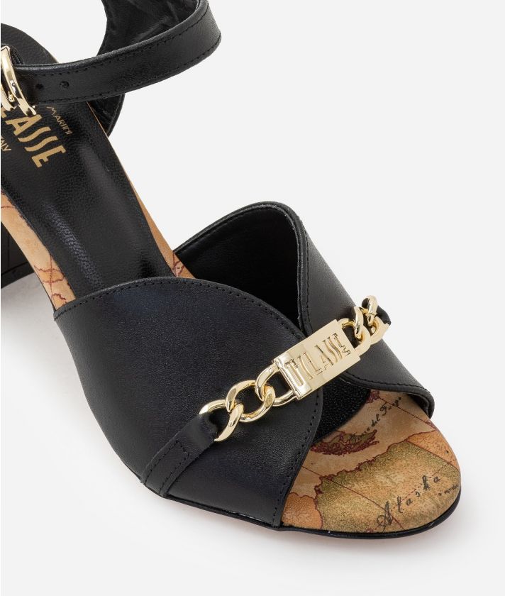 Smooth leather mid-heel sandals with chain horsebit Black
