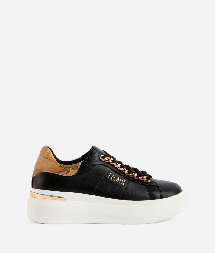 Faux napa leather sneakers with chain detail Black