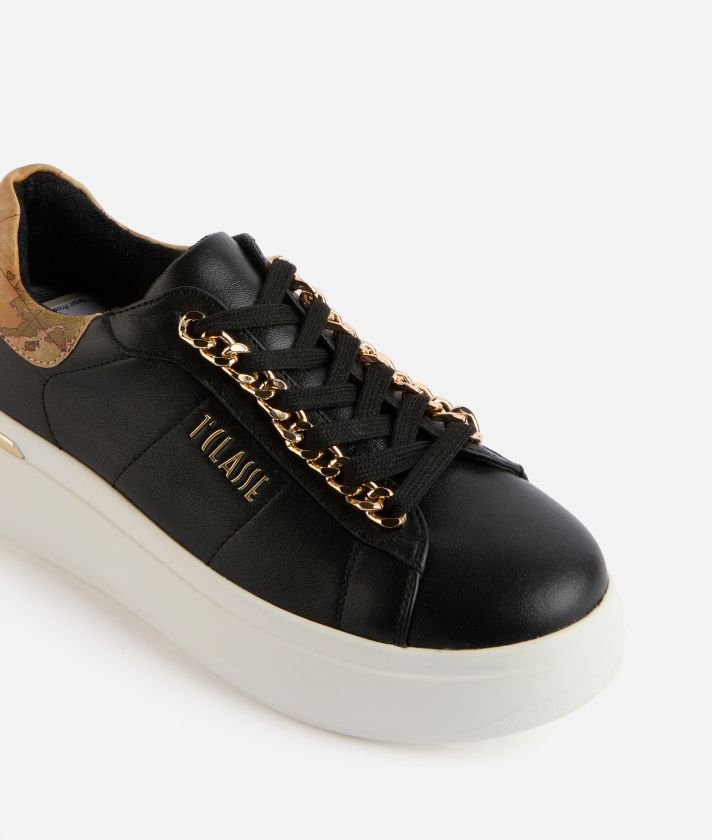 Faux napa leather sneakers with chain detail Black