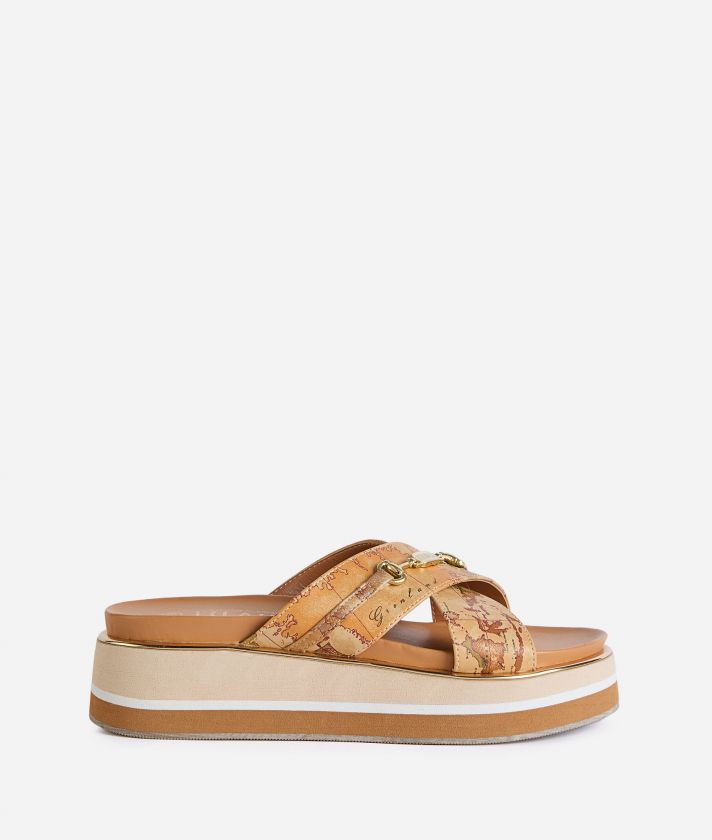 Napa-effect fabric cross strap sandals with enamel horsebit Geo Classic
