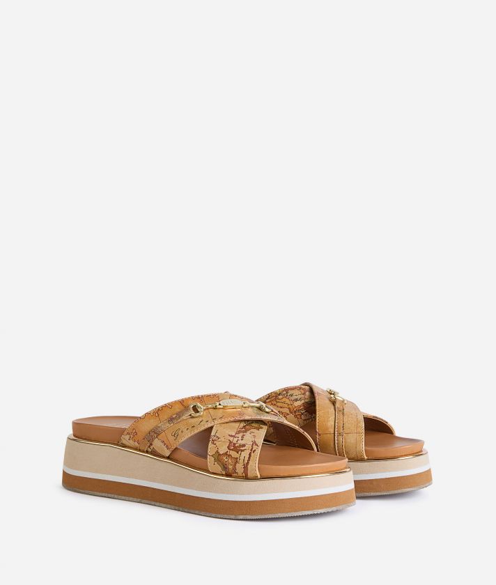Napa-effect fabric cross strap sandals with enamel horsebit Geo Classic