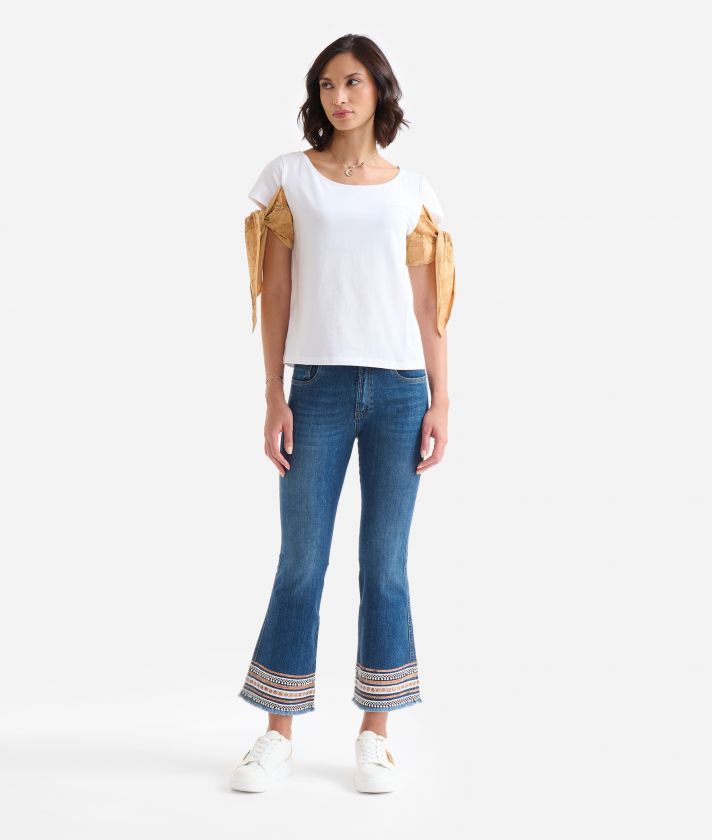 Stretch cotton jersey t-shirt with sleeve knots White