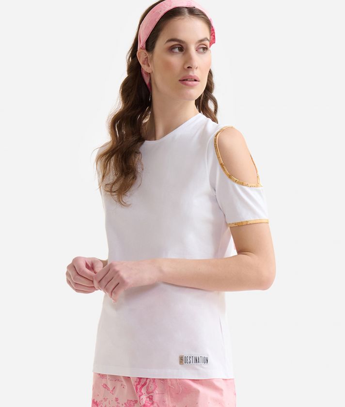 Stretch cotton jersey t-shirt with cut-out shoulder White