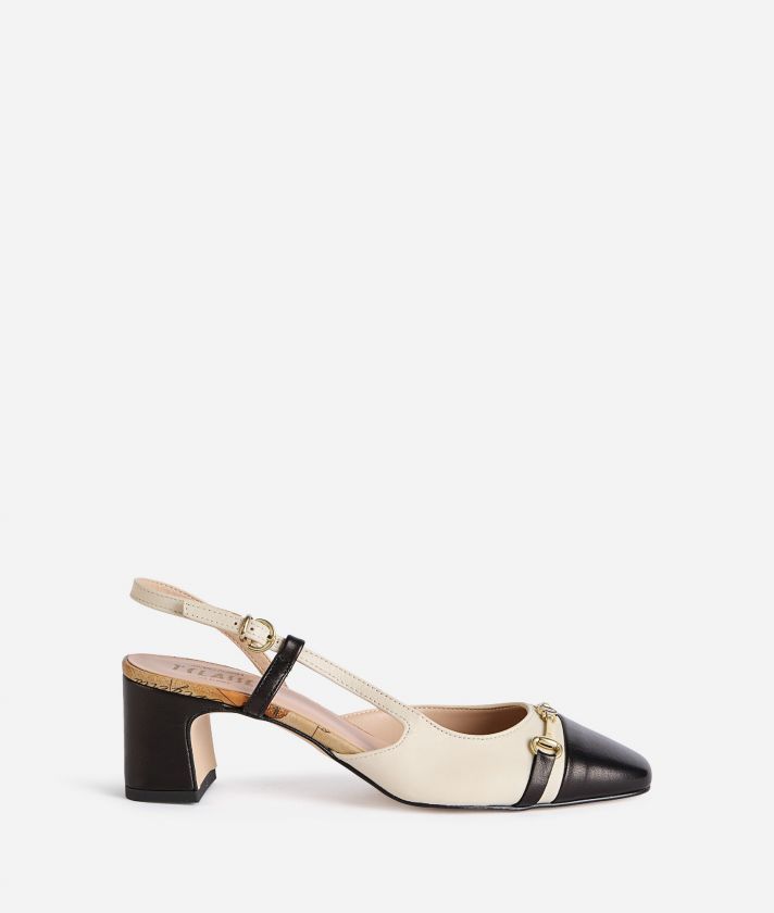 Slingback in nappa liscia Avorio e Nero