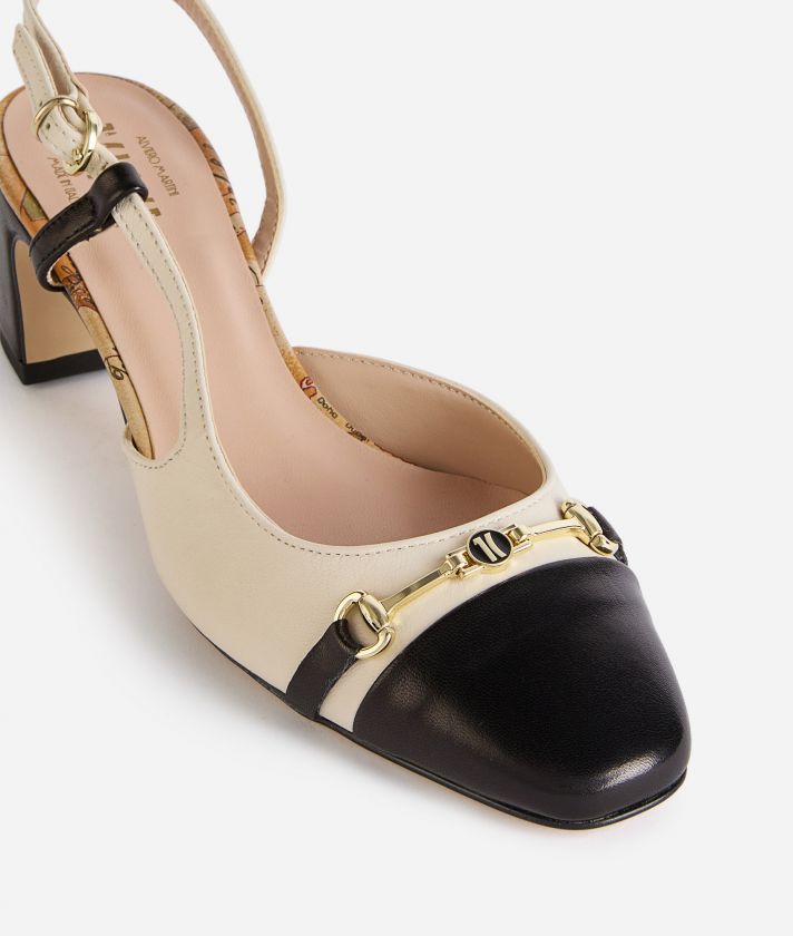 Slingback in nappa liscia Avorio e Nero