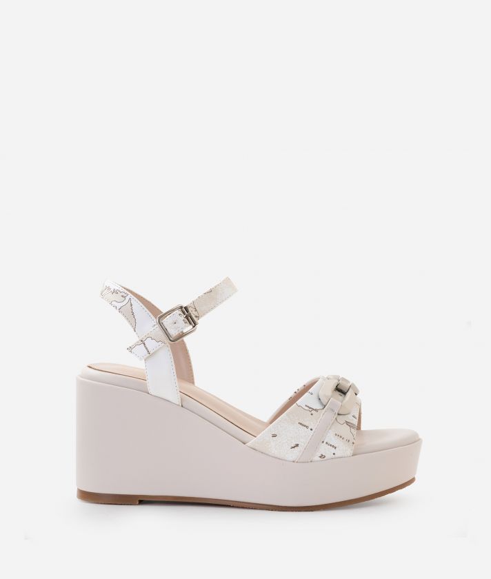 Napa-effect fabric wedge sandals with chain Geo Beige
