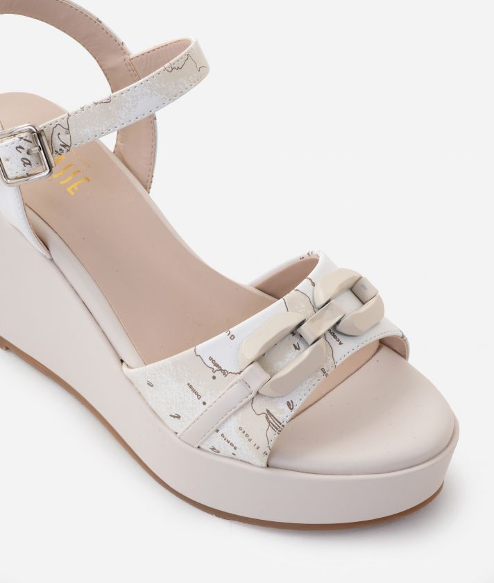Napa-effect fabric wedge sandals with chain Geo Beige