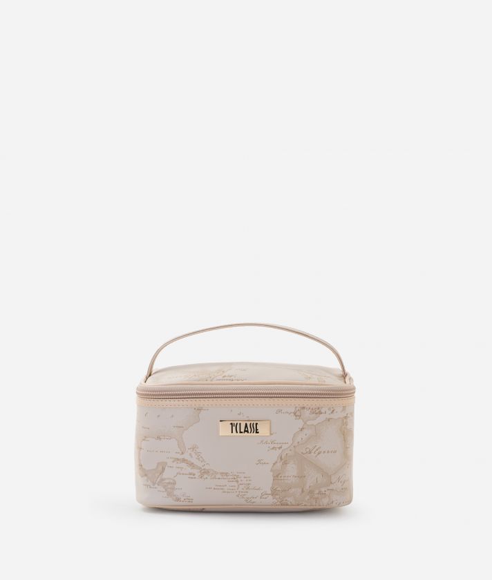 Small rubberized fabric square wash bag Beige