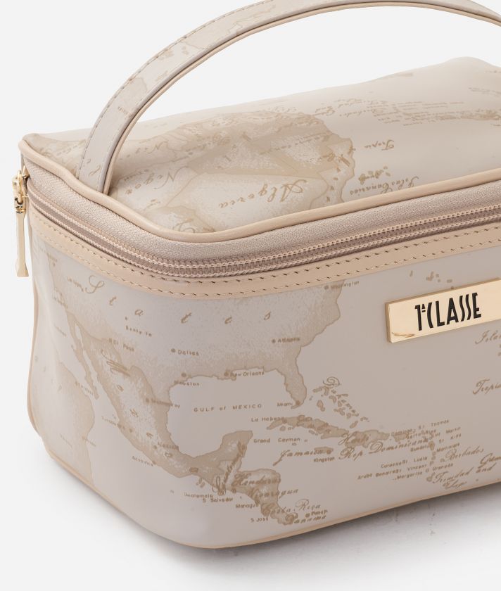 Small rubberized fabric square wash bag Beige