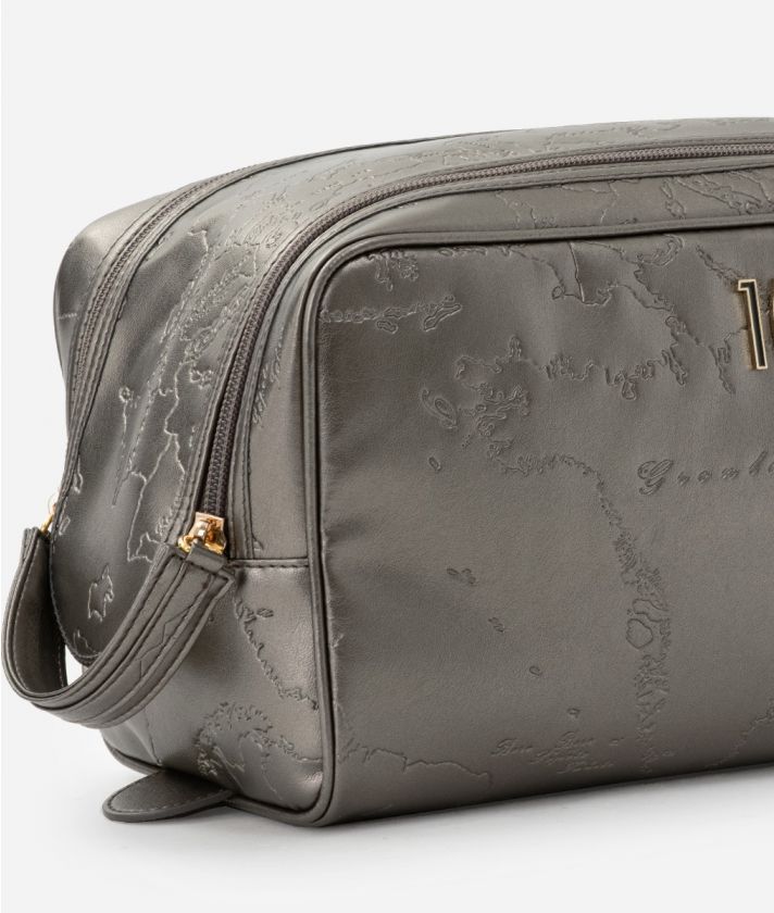 Beauty-case with double zipper in matt laminated fabric Pewter