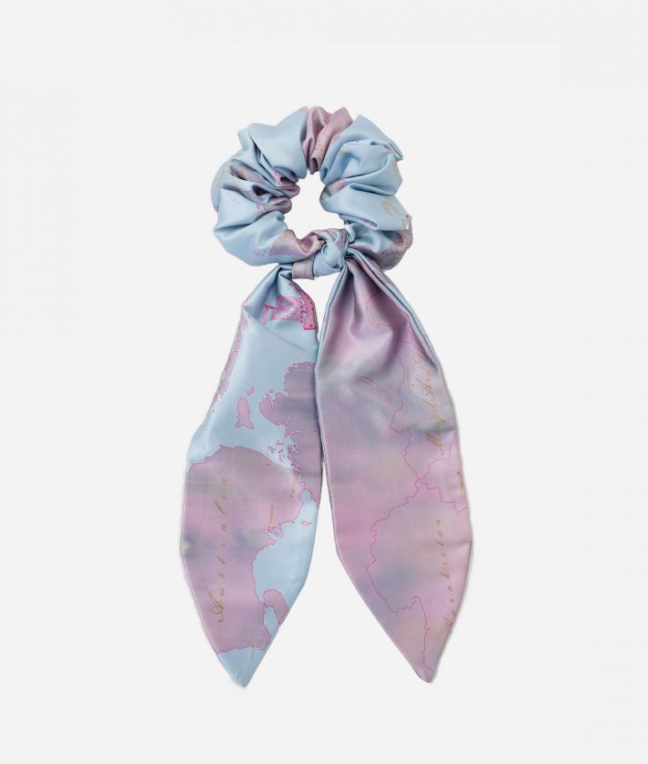 Geo Vintage print satin scrunchie with tails Sky Blue