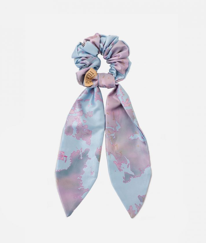 Geo Vintage print satin scrunchie with tails Sky Blue