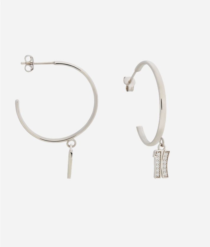 Fifth Avenue 1C logo hoop earrings with white zircons in Silver