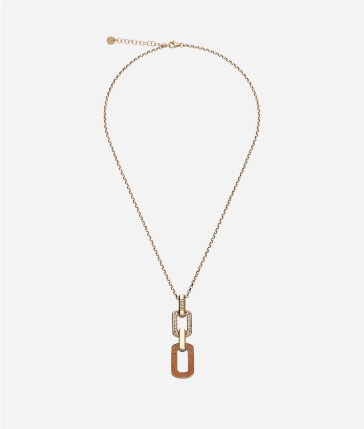 Rodeo Drive pendant necklace with white zircons and Geo print leather insert dipped in Yellow Gold