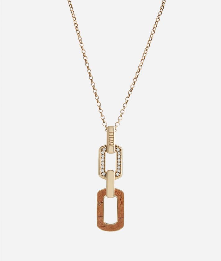 Rodeo Drive pendant necklace with white zircons and Geo print leather insert dipped in Yellow Gold