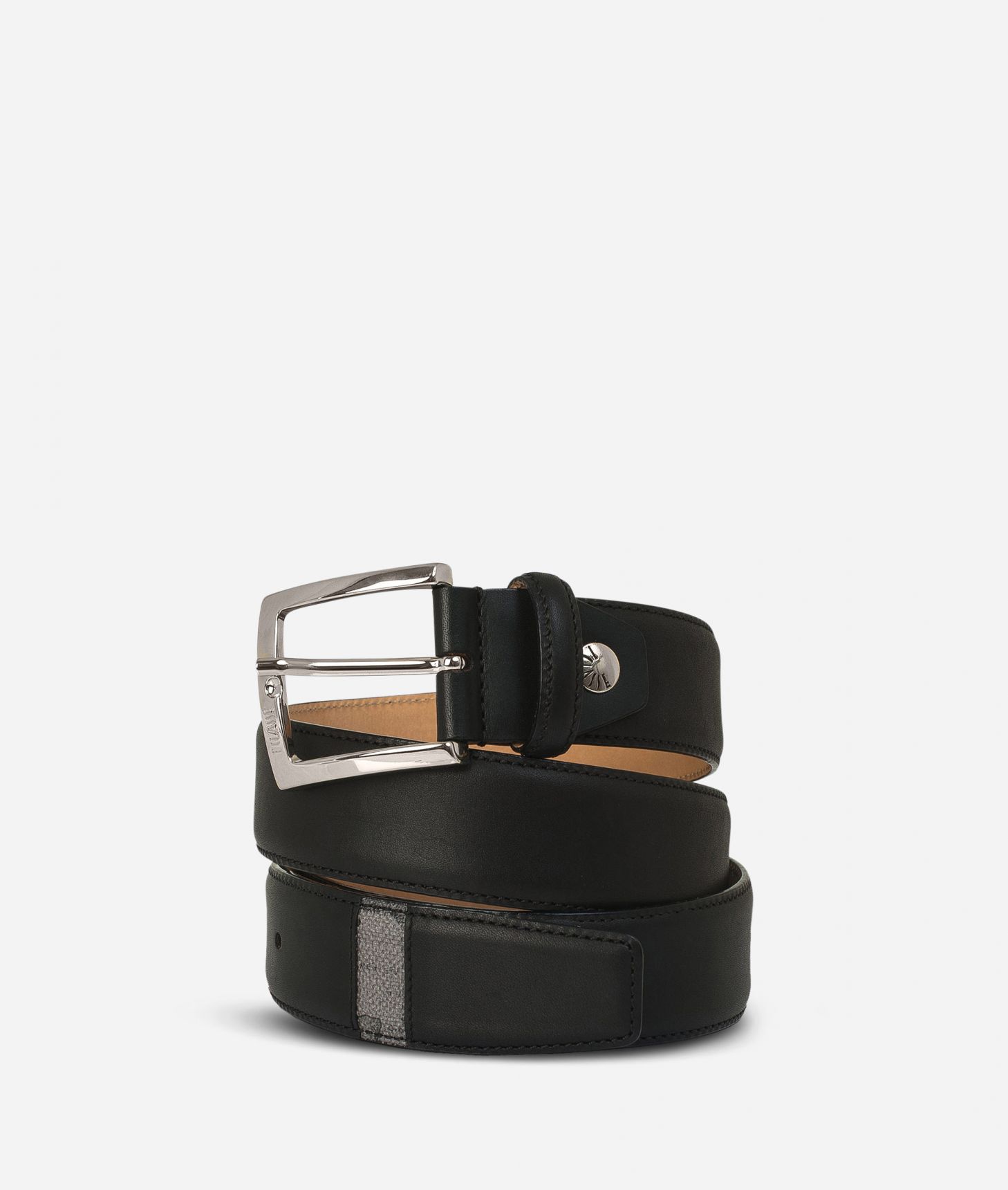Leather belt trimmed in Geo Dark fabric,front