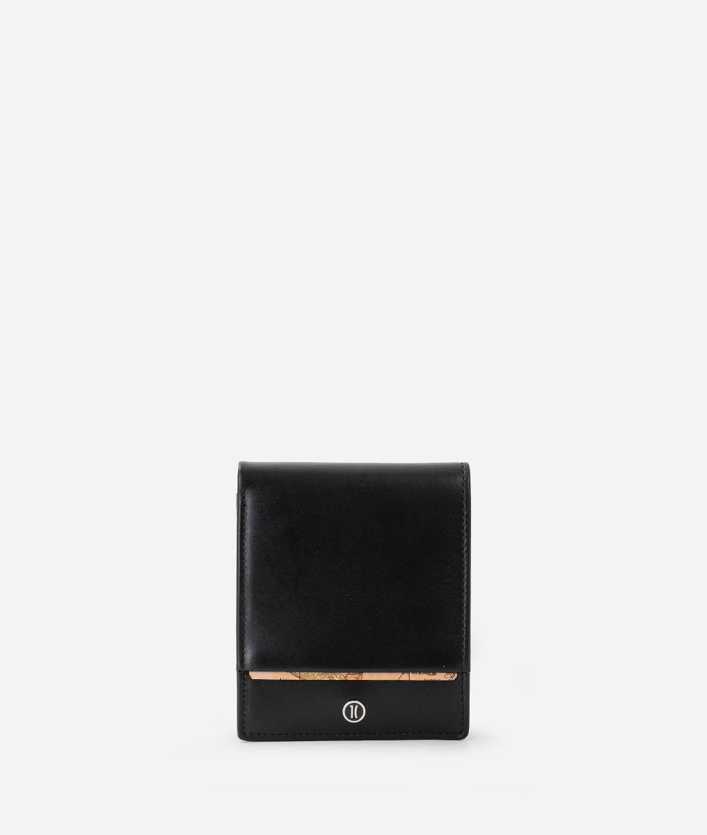 Small smooth leather wallet with Geo insert Black,front