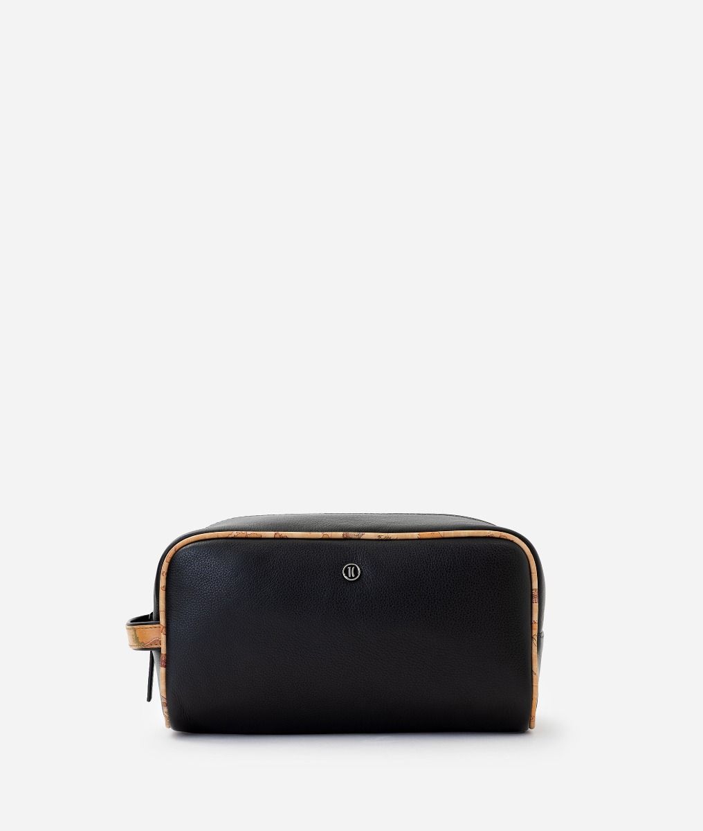 Leather pouche with Geo Classic print details Black,front