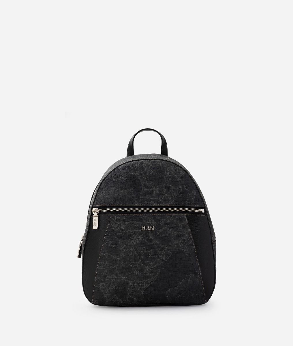 Geo Black backpack with leather inserts,front