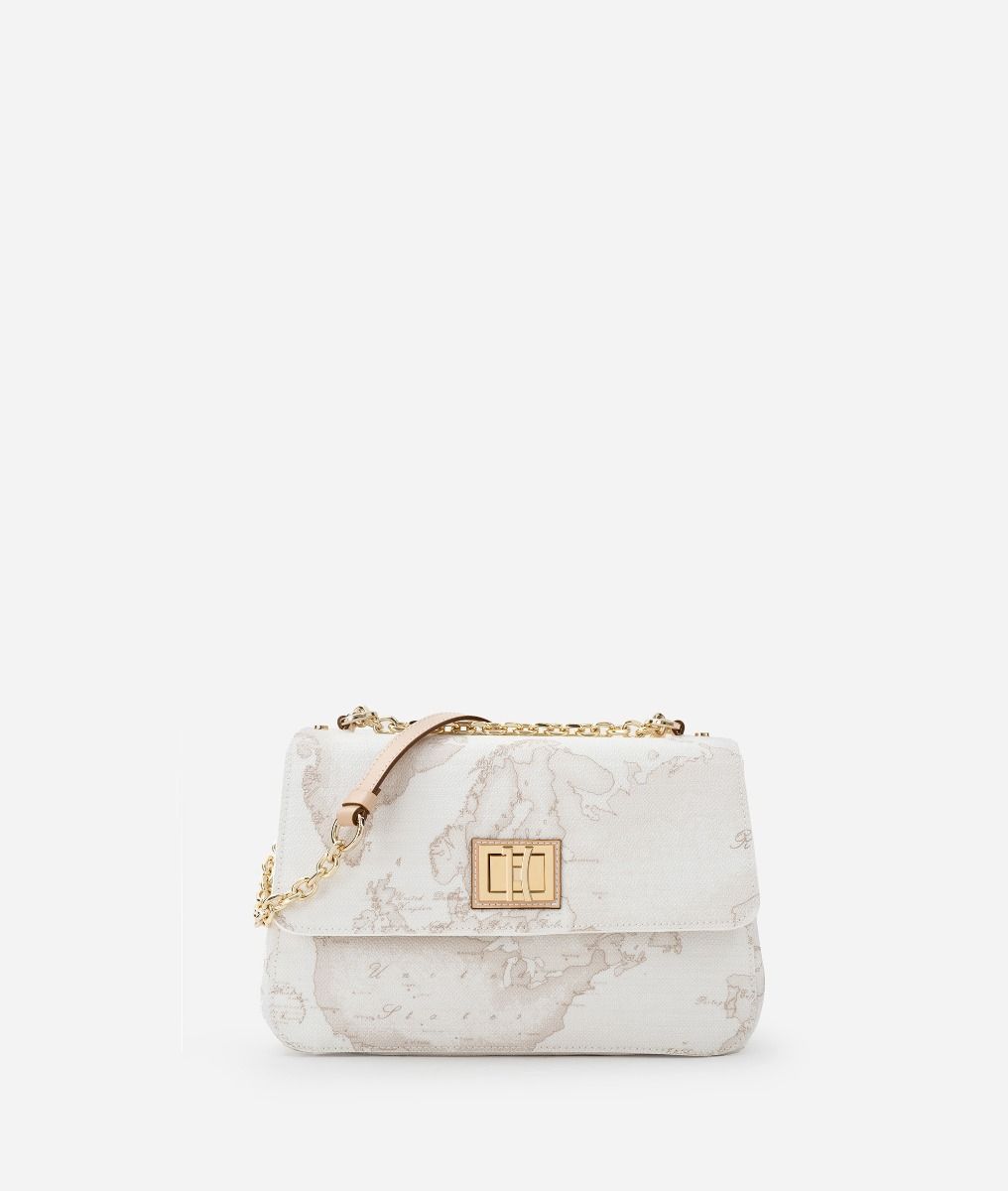 Geo White crossbody bag with front flap,front