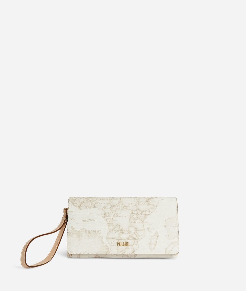 Geo White clutch bag with flap,front