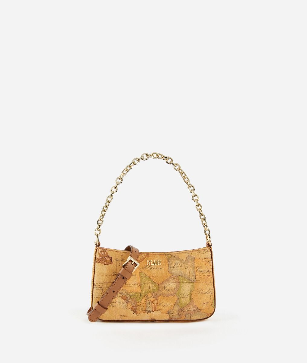 Clutch bag with shoulder strap in Geo Classic printed fabric Natural,front