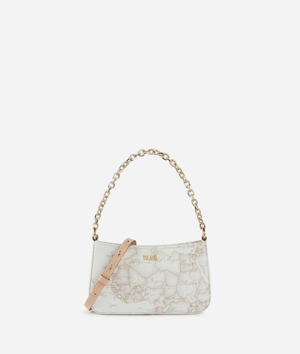 Clutch bag with shoulder strap in Geo White printed White,front