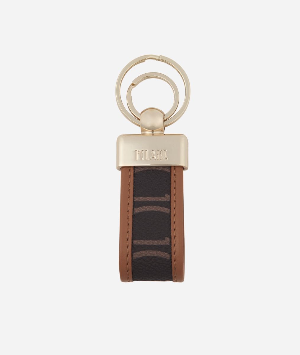 Monogram Keychain with double ring Brown,front